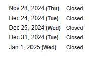 CityScope Net Holiday Hours