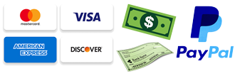 We accept Cash, Checks, American Express, Discover, Master Card, Visa credit cards and Paypal